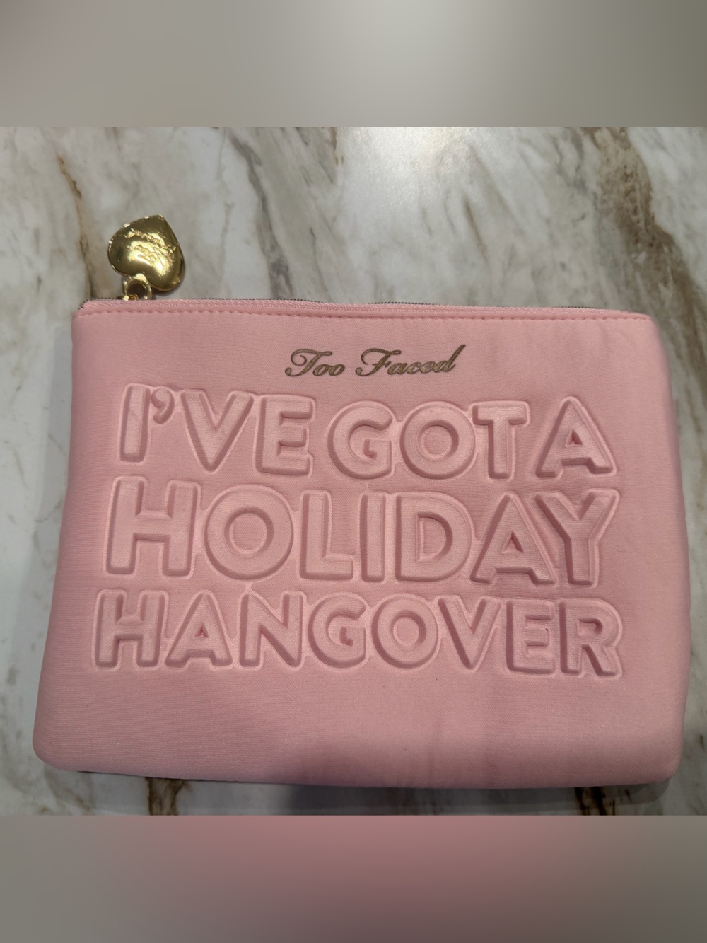 Too Faced Pink Embossed Holiday Cosmetic Pouch with Gold Heart Charm